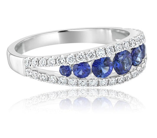 Vivid 0.42 Carat Sapphire & 0.77 Carat Diamond Split-Design 18K White Gold Band