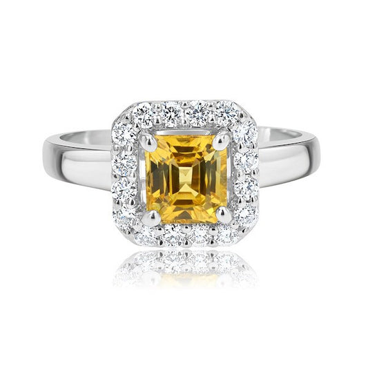 Sunny 1.29 Carat Yellow Sapphire & 0.35 Carat Diamond Platinum Square-Cut Halo Ring