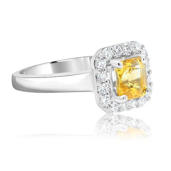 Sunny 1.29 Carat Yellow Sapphire & 0.35 Carat Diamond Platinum Square-Cut Halo Ring