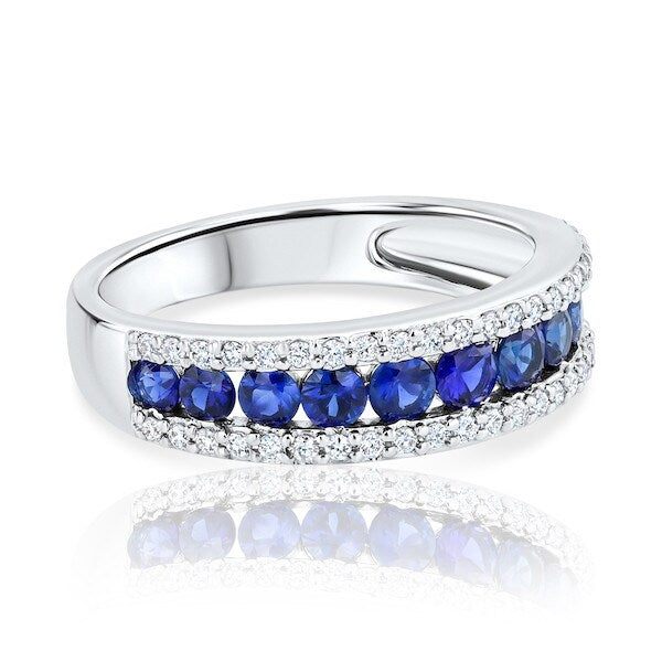 Triple-Row Sapphire & Diamond 18K White Gold Split-Prong Wedding Band