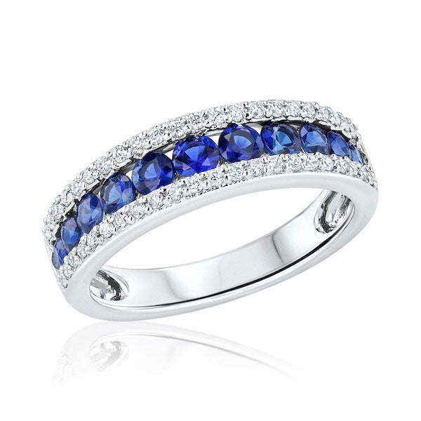 Triple-Row Sapphire & Diamond 18K White Gold Split-Prong Wedding Band