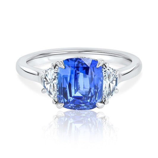 Three-Stone Cushion Sapphire & Half-Moon Diamond Ring