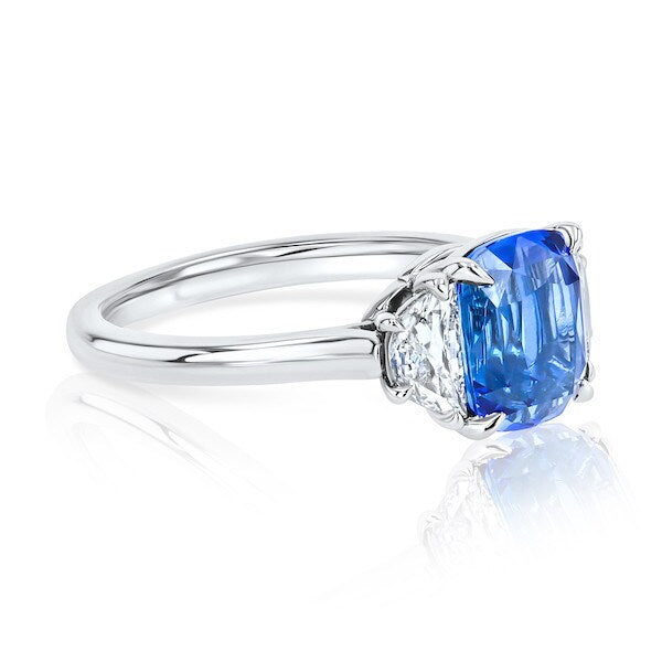 Three-Stone Cushion Sapphire & Half-Moon Diamond Ring