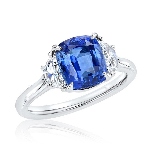 Three-Stone Cushion Sapphire & Half-Moon Diamond Ring