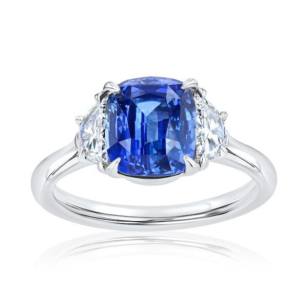 Three-Stone Cushion Sapphire & Half-Moon Diamond Ring