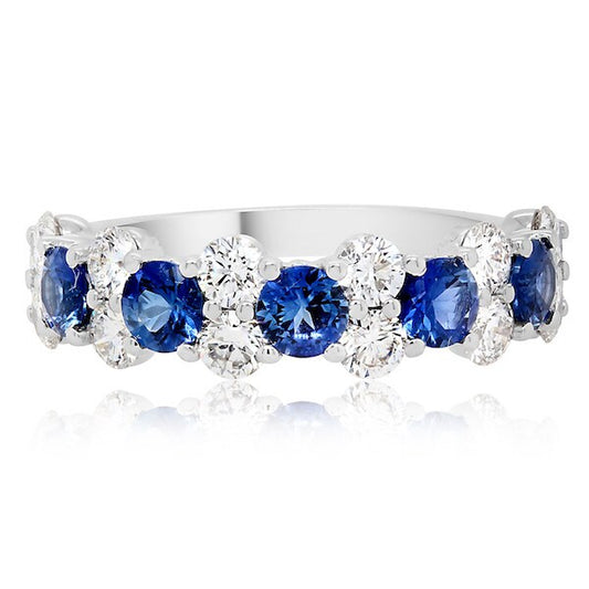 Vivid Blue Sapphire and Diamond Cluster Band Made in 18kw