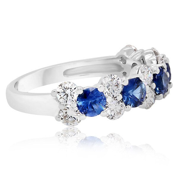 Vivid Blue Sapphire and Diamond Cluster Band Made in 18kw