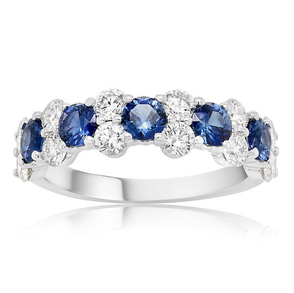 Vivid Blue Sapphire and Diamond Cluster Band Made in 18kw