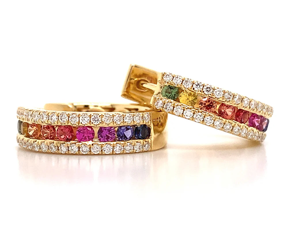 Rainbow Sapphire  Diamond  hoop Earrings