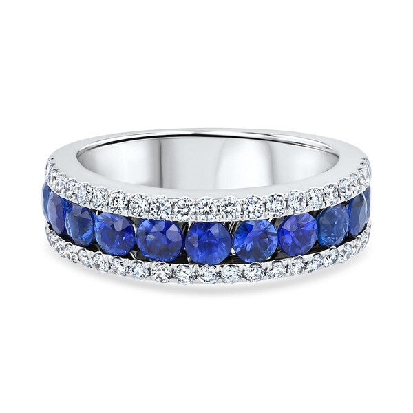 Triple-Row Sapphire & Diamond 18K White Gold Split-Prong Wedding Band